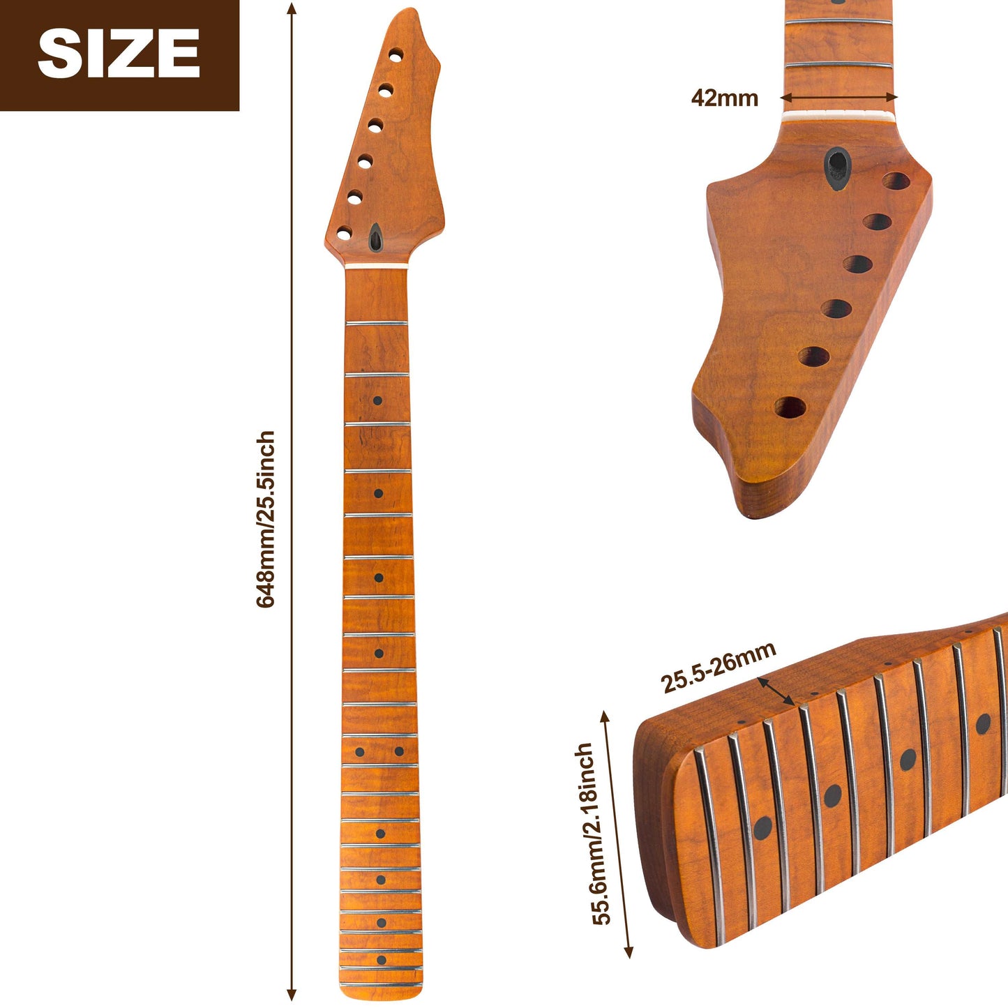 Roasted Electric Guitar Neck Arzuza Music 25.5 inch scale Black Binding Black Plastic Nut Satin
