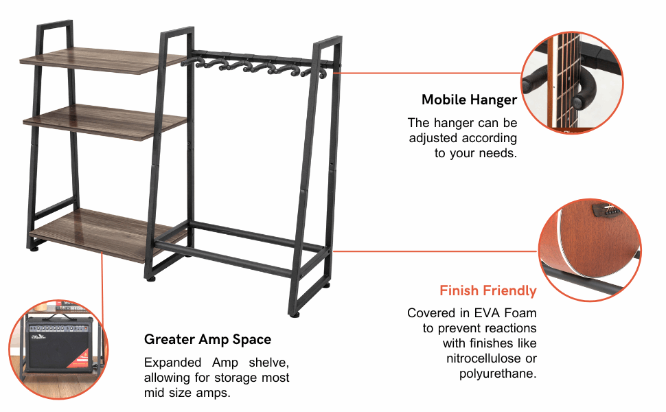 Multi-Guitar and Amp Stand, Guitar Rack for 4 to 6 Guitars, Adjustable, Finish Friendly, Walnut. Guitar Stands Floor