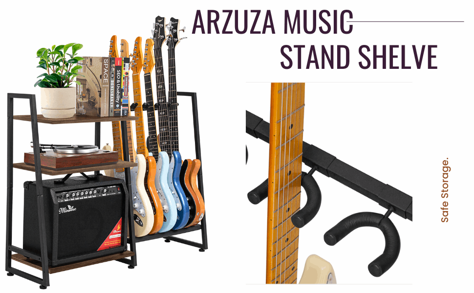 Multi-Guitar and Amp Stand, Guitar Rack for 4 to 6 Guitars, Adjustable, Finish Friendly, Walnut. Guitar Stands Floor