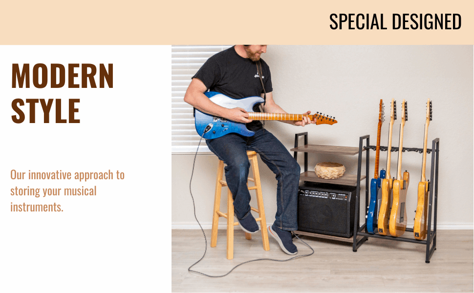 Multi-Guitar and Amp Stand, Guitar Rack for 4 to 6 Guitars, Adjustable, Finish Friendly, Walnut. Guitar Stands Floor