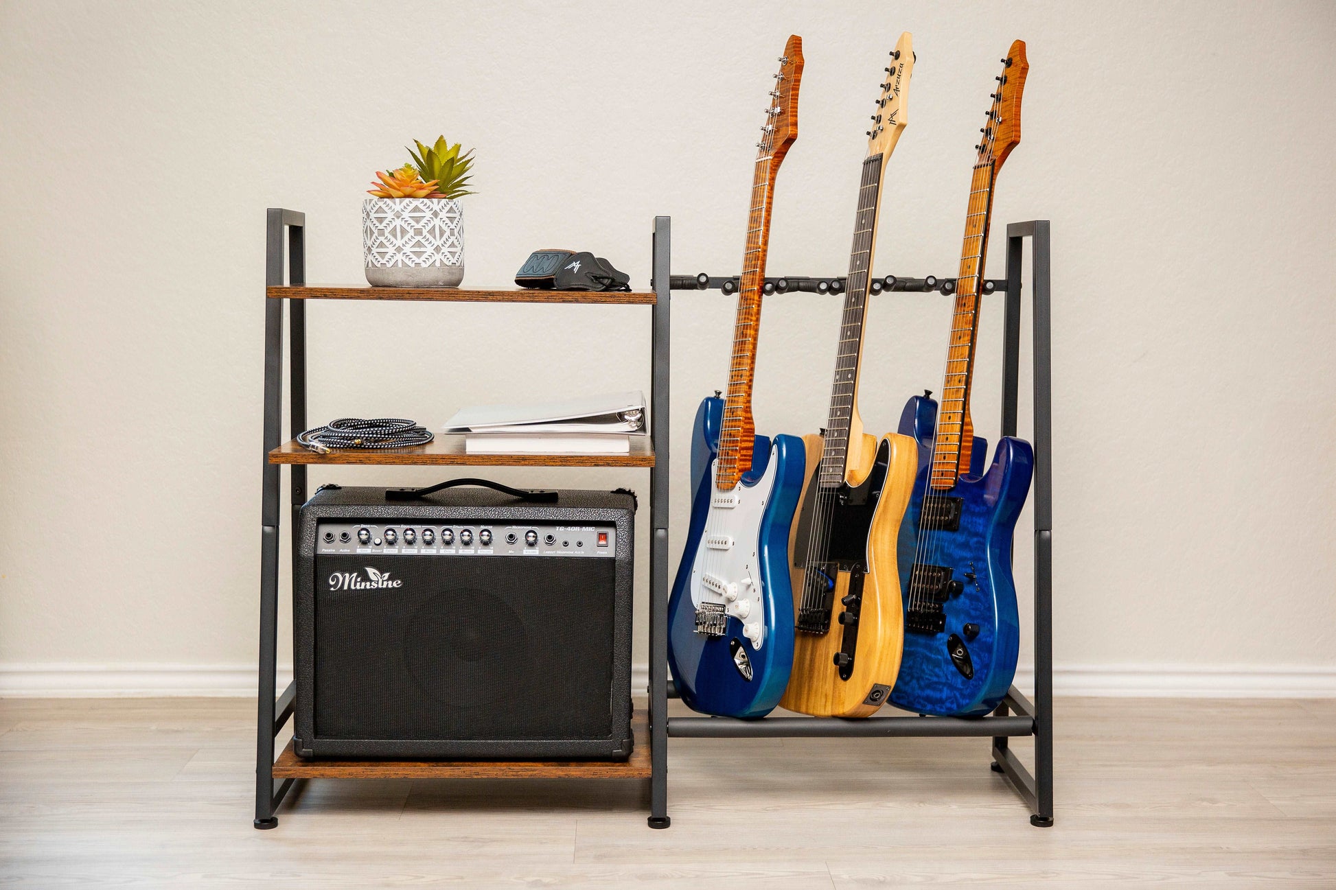 Multi-Guitar and Amp Stand, Guitar Rack for 4 to 6 Guitars, Adjustable, Finish Friendly, Dark Brown, Guitar Stands Floor