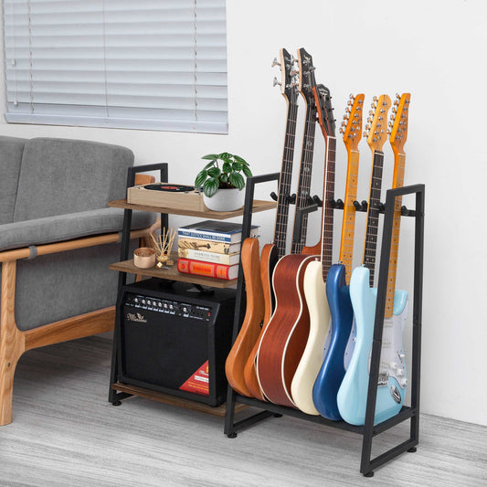 Multi-Guitar and Amp Stand, Guitar Rack for 4 to 6 Guitars, Adjustable, Finish Friendly, Walnut. Guitar Stands Floor