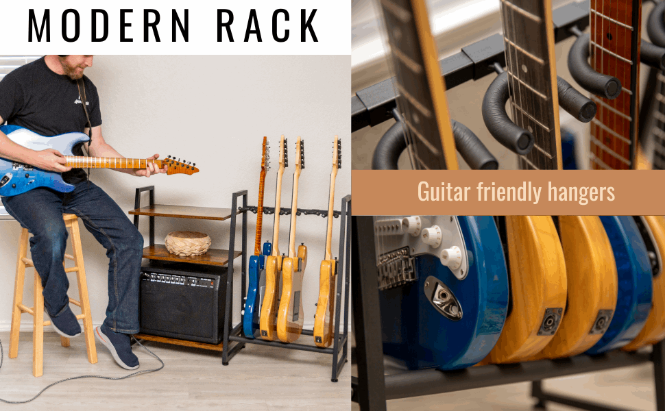 Multi-Guitar and Amp Stand, Guitar Rack for 4 to 6 Guitars, Adjustable, Finish Friendly, Dark Brown, Guitar Stands Floor